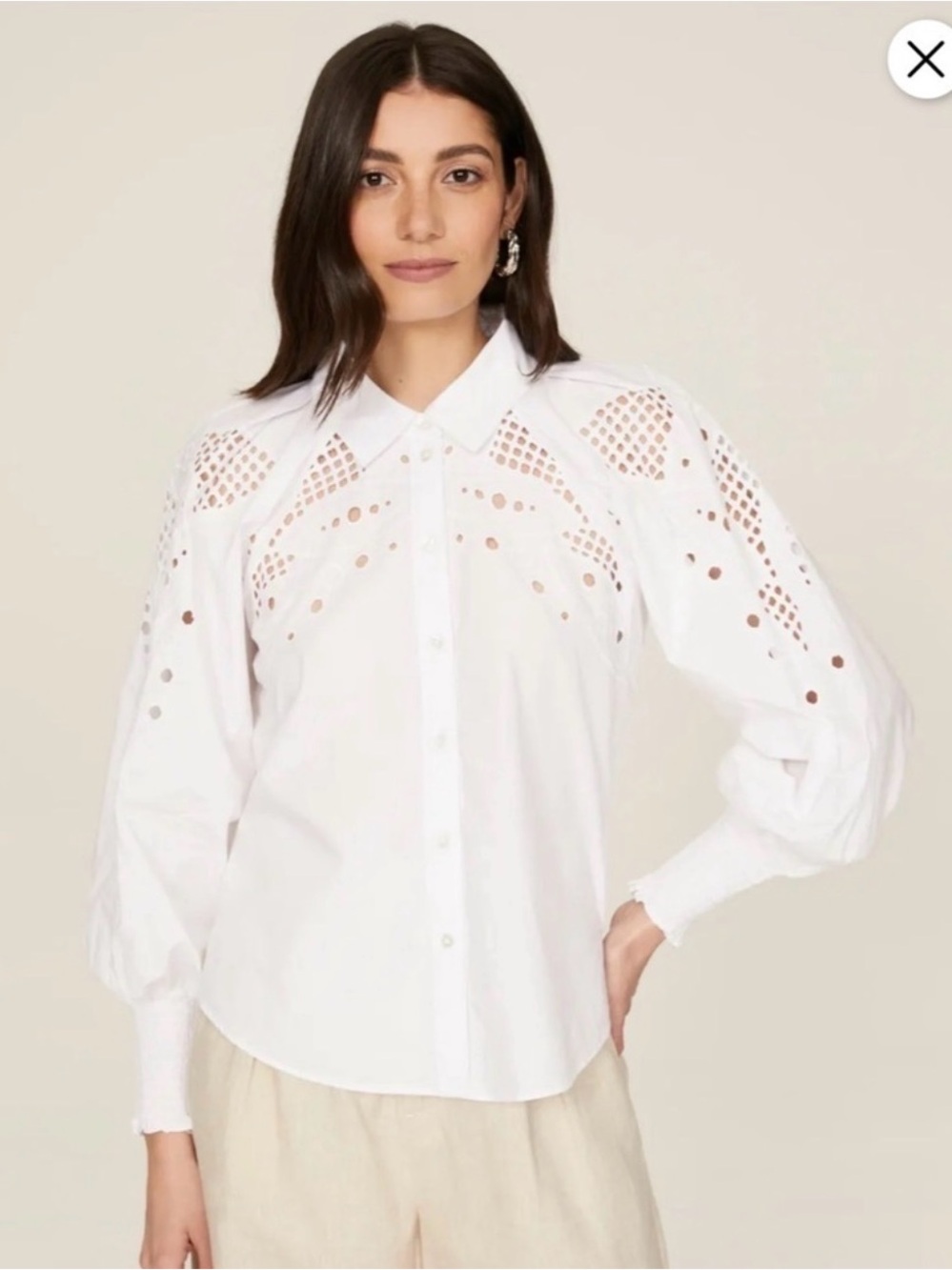 Veronica Beard White Eyelet Button-Front Puff Sleeve Shirt